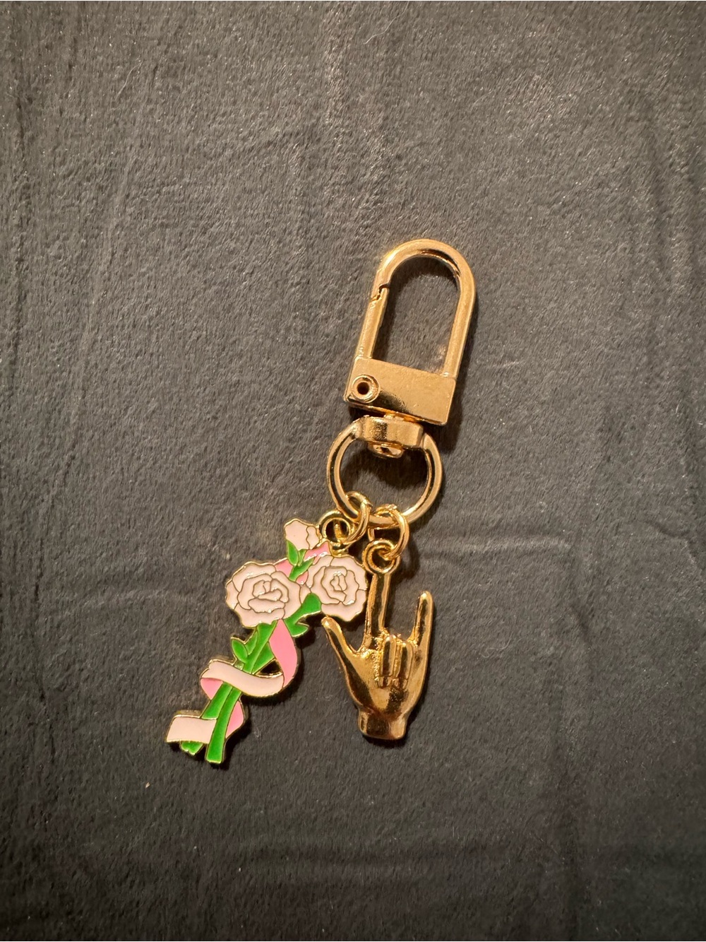 Gold-tone Floral Ribbon & American Sign Language 🤟🏻 Charm Keychain - Pink/Green